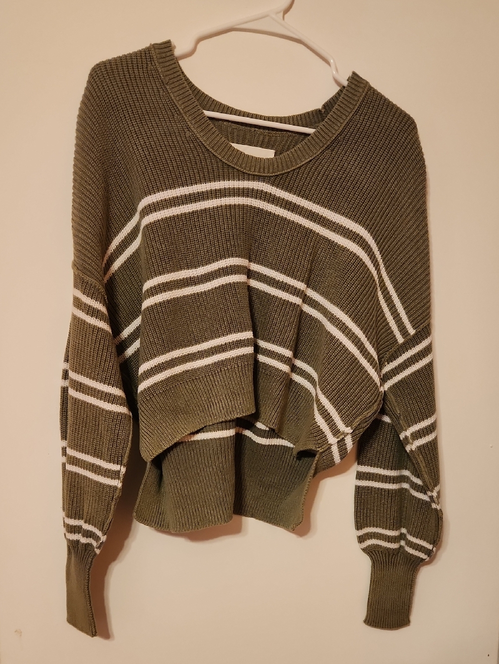 aerie Olive Green & White Striped Cropped Crewneck Sweater